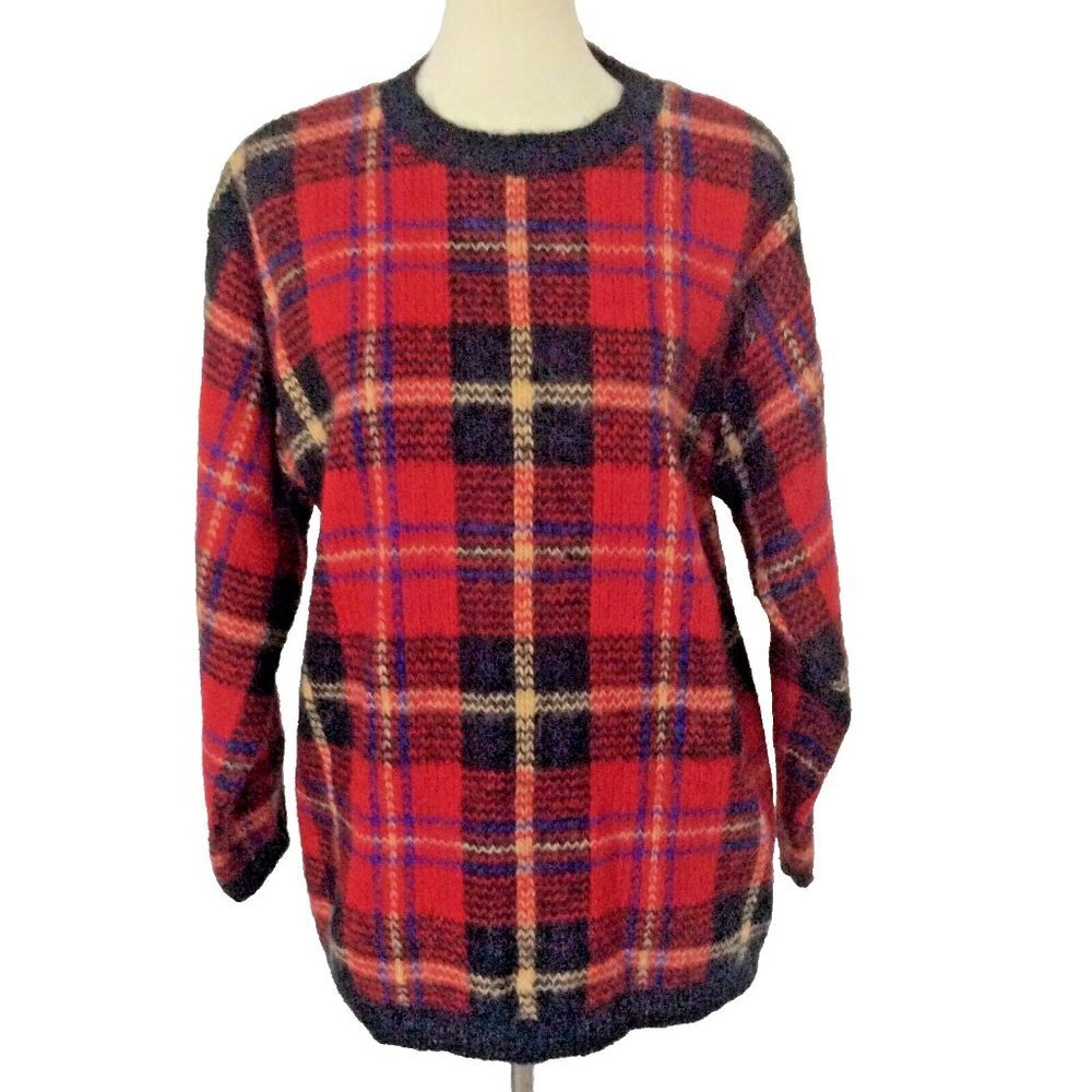 Vintage Nell Flowers by JG Hook Red Plaid Tunic Sweater Size Medium